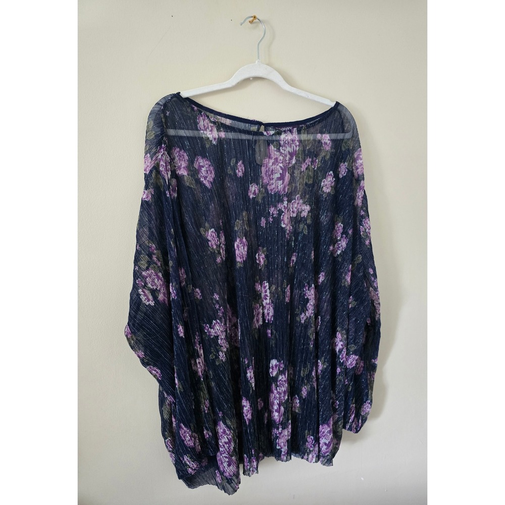 ROAMANS Women's 4X Sheer Pleated Floral Blouse Tunic Purple Blue Long Sleeve